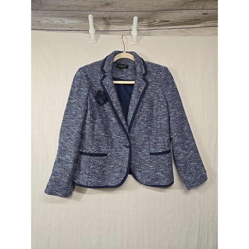 Women's 6 Petite Talbots Blue‎ Tweed Blazer Jacket One Button Piping Flower Pin